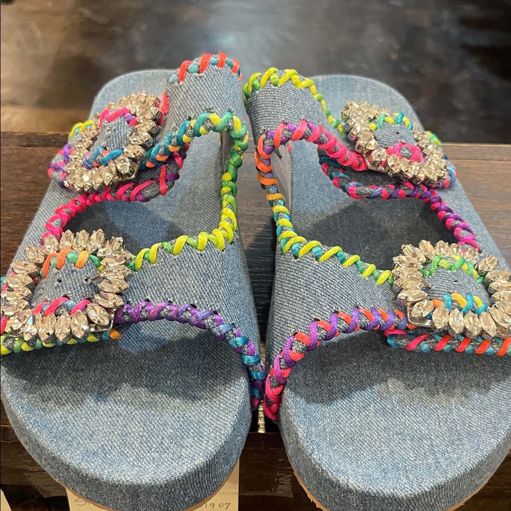 Mystique Colorful Denim Sandals with Rhinestone Accents.